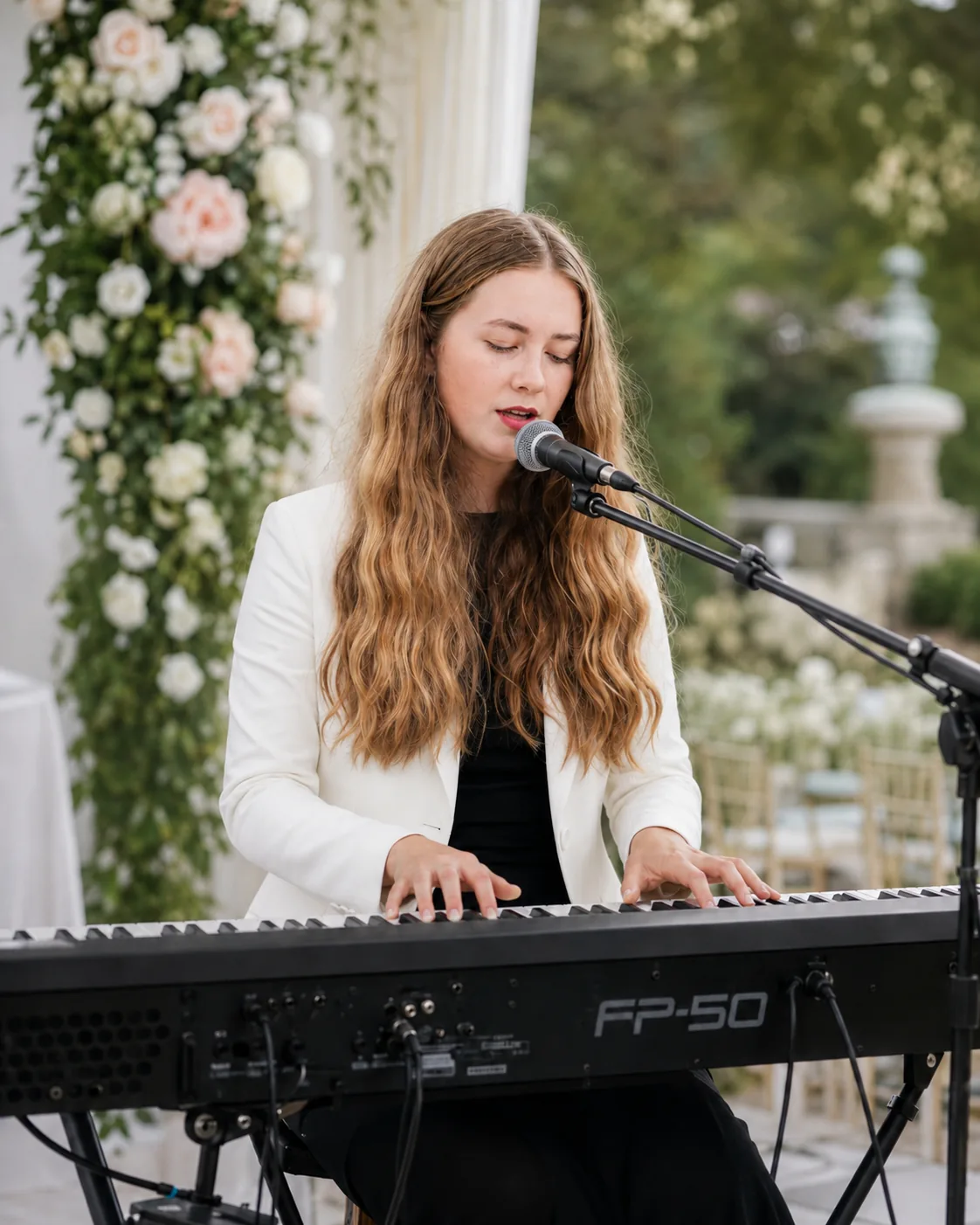 Jess Martyn singing at the keyboard at an outdoor garden wedding ceremony, floral arch behind